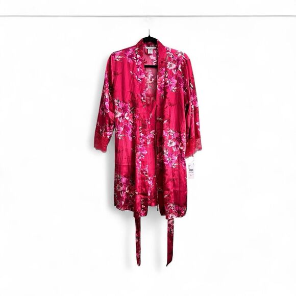 Linea Donatella Teddy Lace Slip Dress And Robe Short Red M Pajama Set Floral - Picture 1 of 6